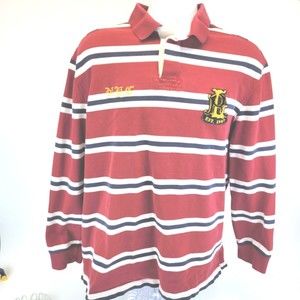Polo Ralph Lauren Red White Blue Striped Mens Rugby Shirt NYC #7 Large Vintage